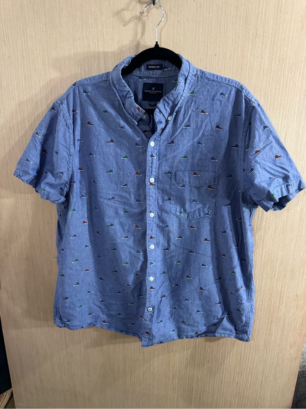 American Eagle Outfitters Seriously Soft Short Sleeve Blue Button-Up Shirt XL